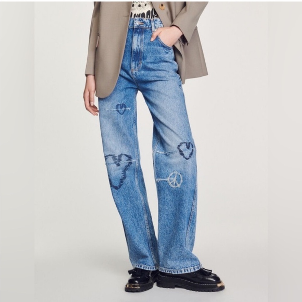 Sandro Patty High Rise Wide Leg Embroidered Heart Jeans 0